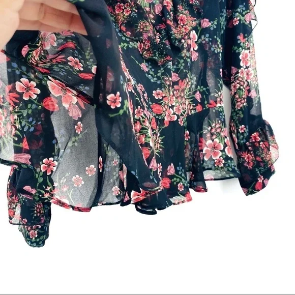 Zara Women Sheer Floral Long Sleeve Ruffled Layered Pink Black Cuffed Blouse SzM - Picture 12 of 15